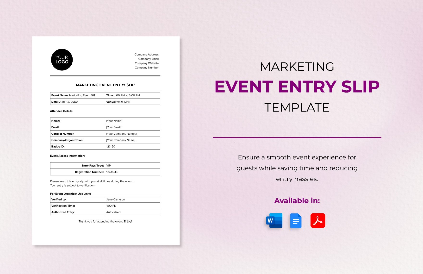 Marketing Event Entry Slip Template in Word, Google Docs, PDF