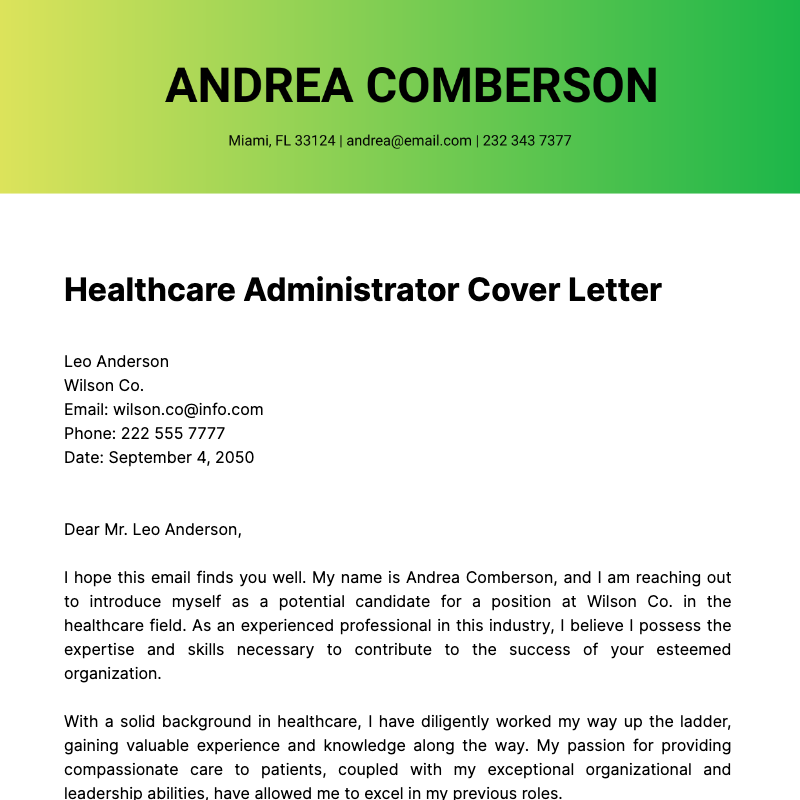 Free Healthcare Administrator Cover Letter  Template