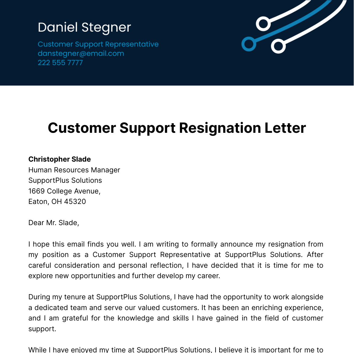 Customer Support Resignation Letter  Template