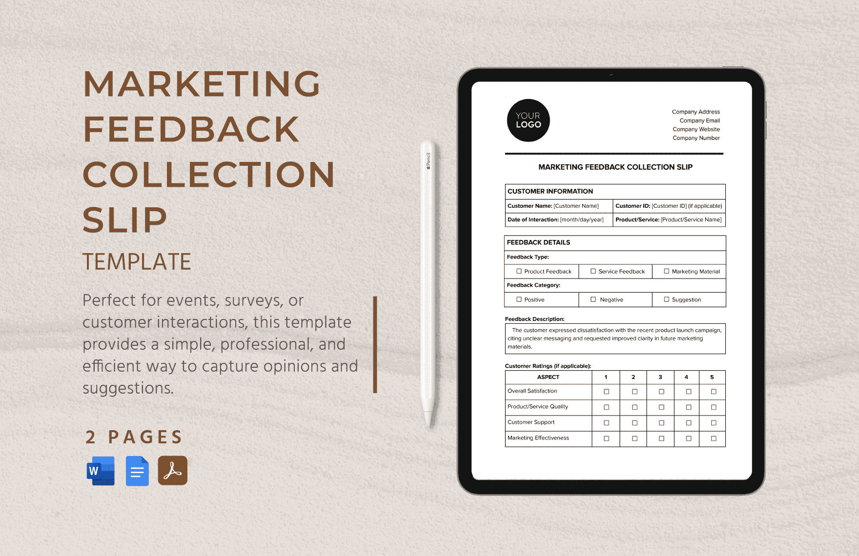 Marketing Feedback Collection Slip Template in Word, Google Docs, PDF