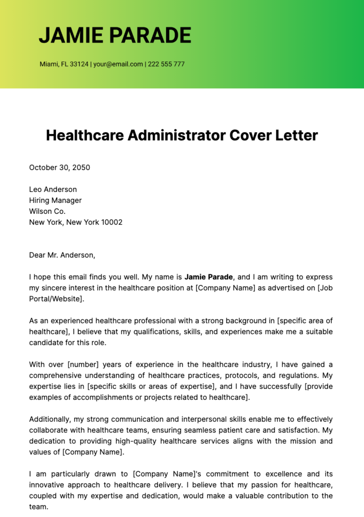 Free Healthcare Administrator Cover Letter  Template