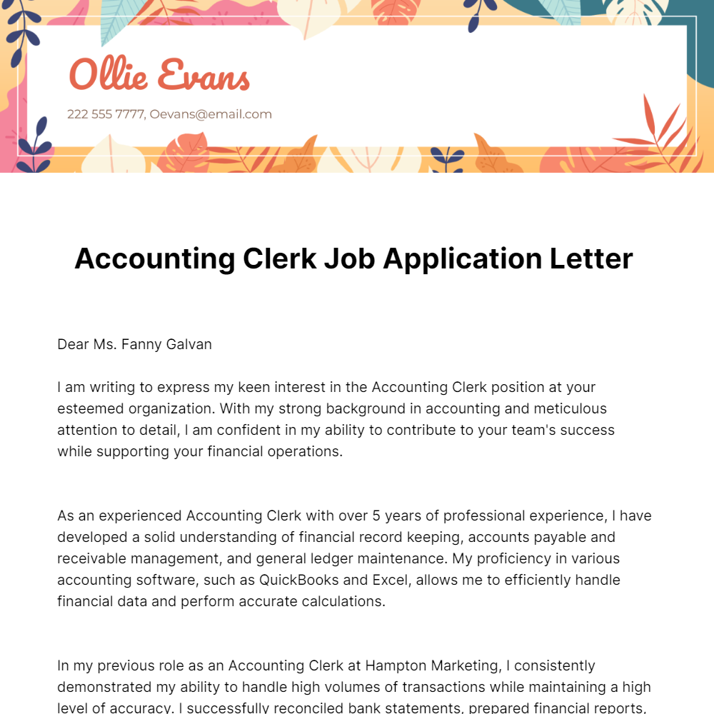 Accounting Clerk Job Application Letter Template