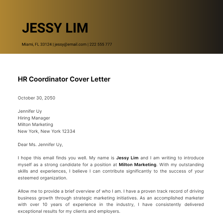 HR Coordinator Cover Letter  Template