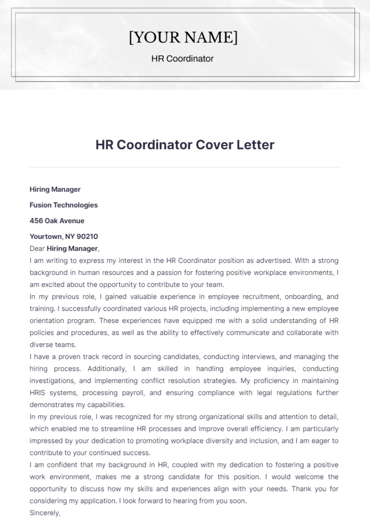 HR Coordinator Cover Letter - Edit Online & Download