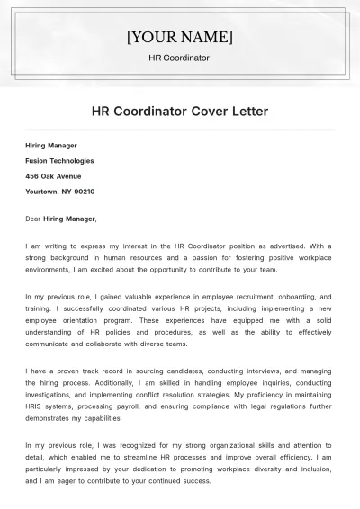 Free HR Coordinator Cover Letter to Edit Online