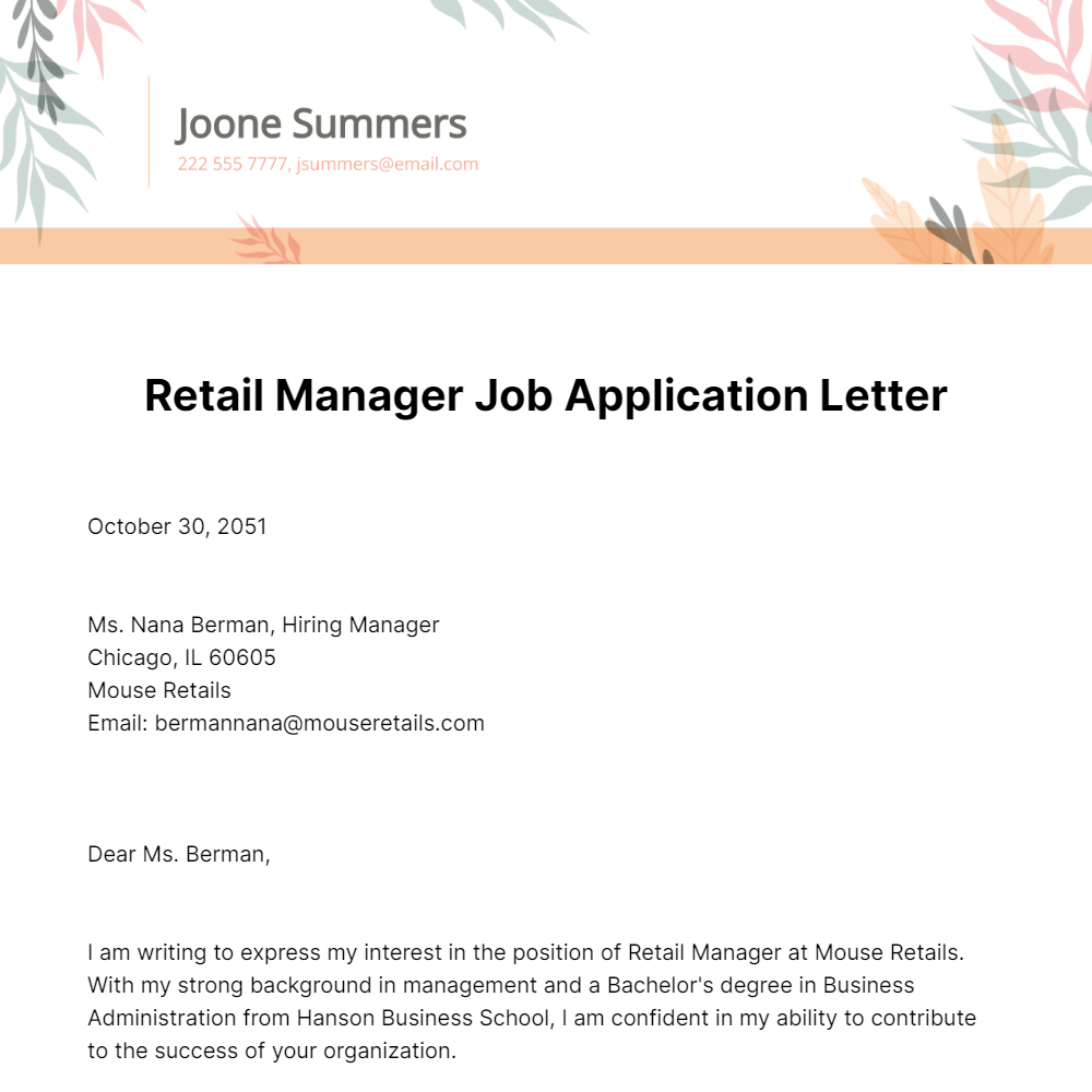 Retail Manager Job Application Letter  Template
