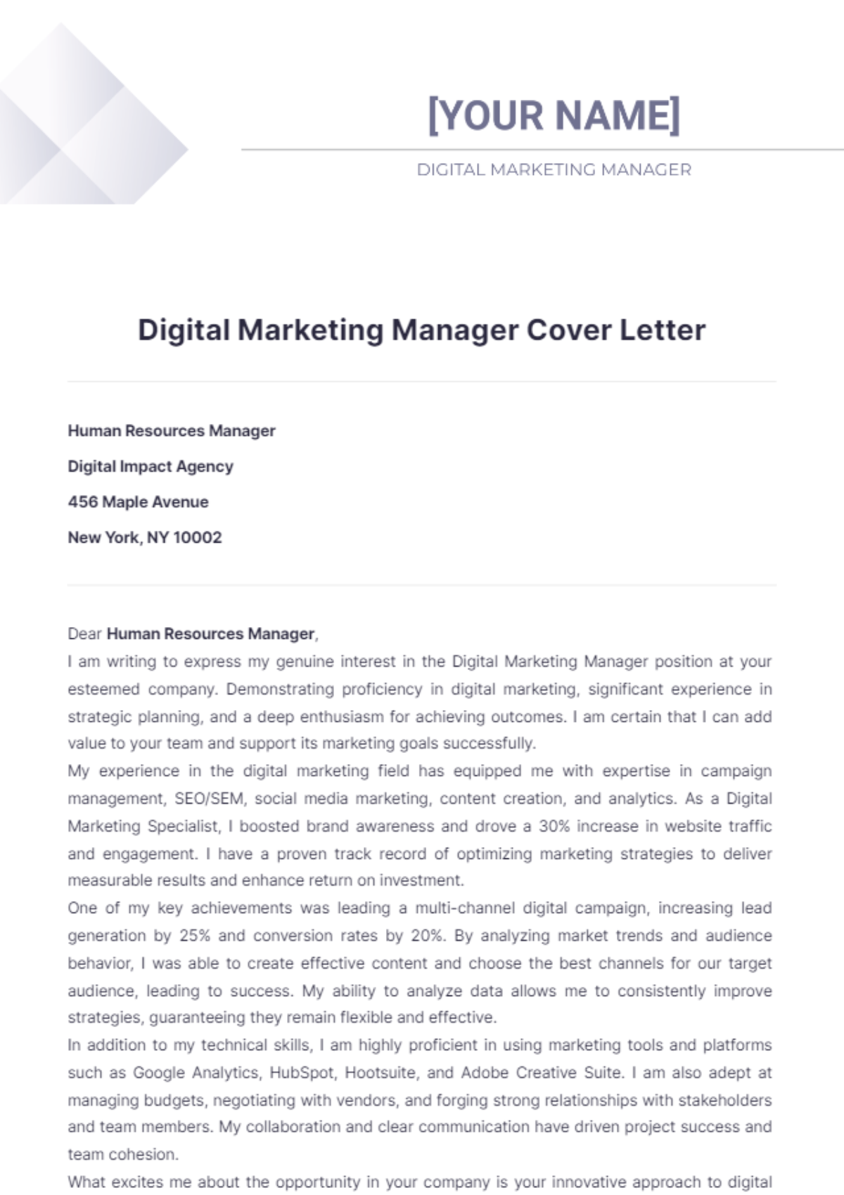 Digital Marketing Manager Cover Letter - Edit Online & Download