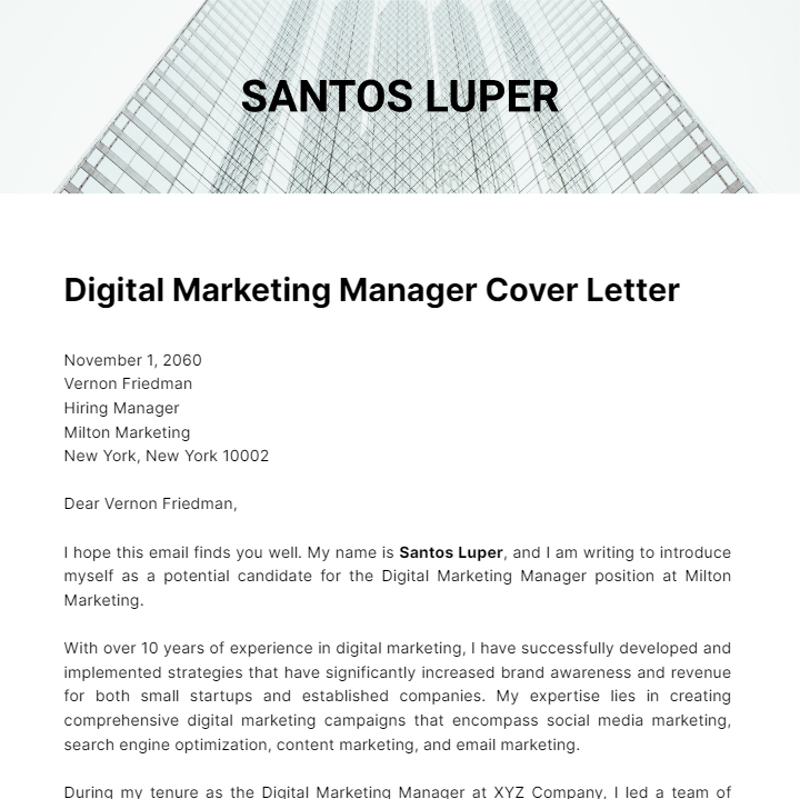 Free Digital Marketing Manager Cover Letter  Template