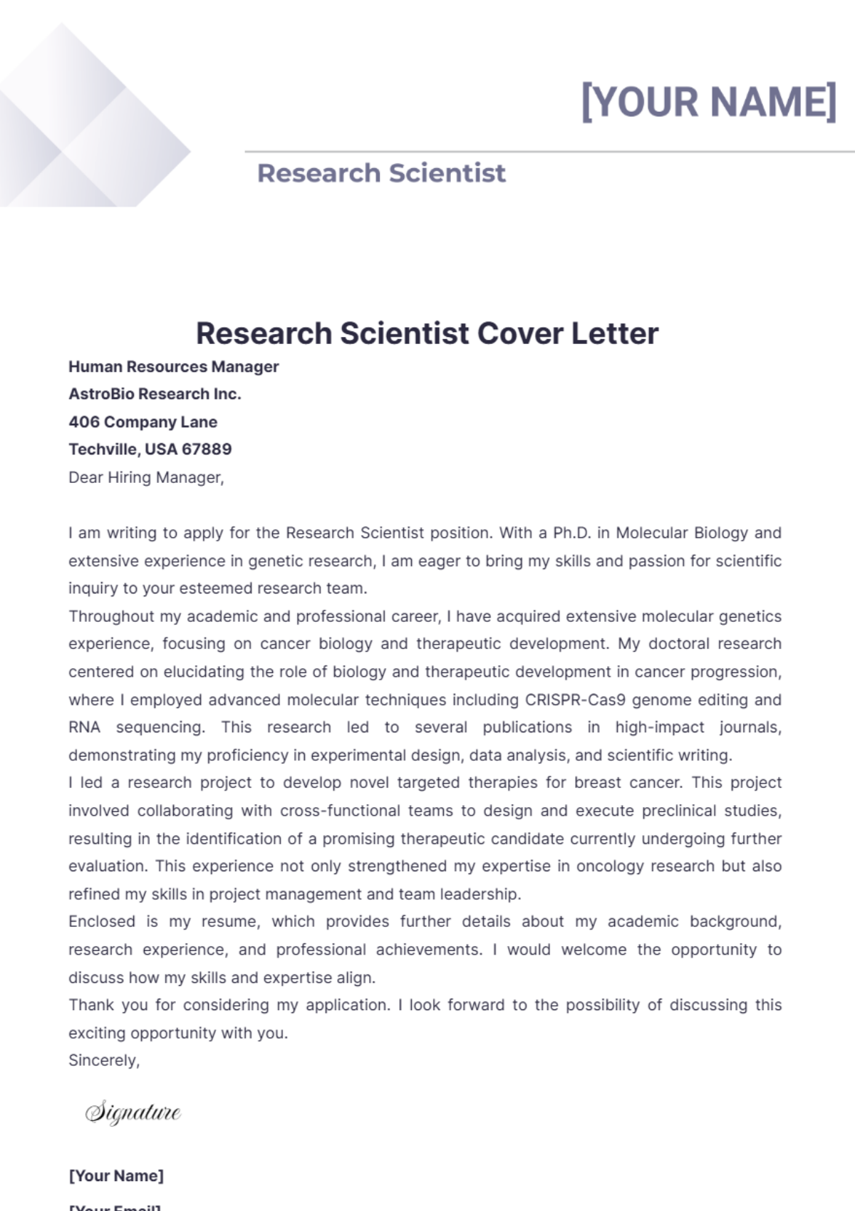 Research Scientist Cover Letter - Edit Online & Download