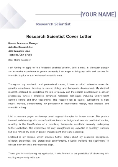 Free Research Scientist Cover Letter to Edit Online