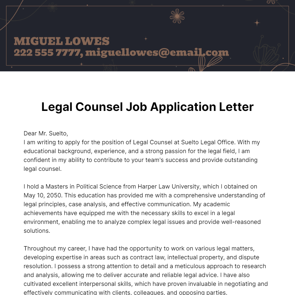 Legal Counsel Job Application Letter  Template