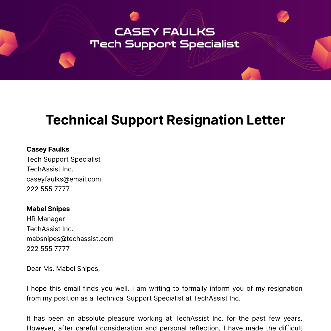 Technical Support Resignation Letter  Template