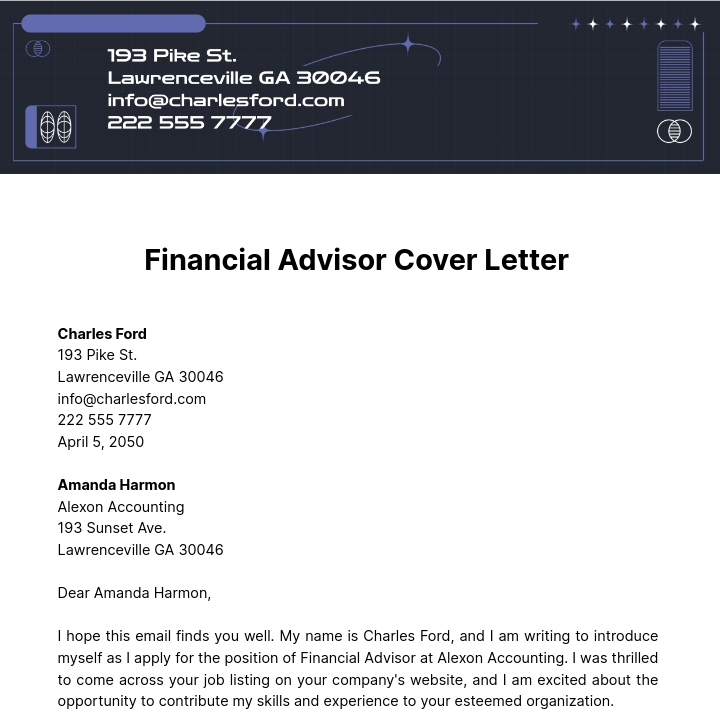 Free Financial Advisor Cover Letter  Template