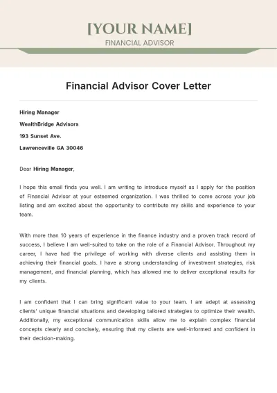 Free Financial Advisor Cover Letter to Edit Online