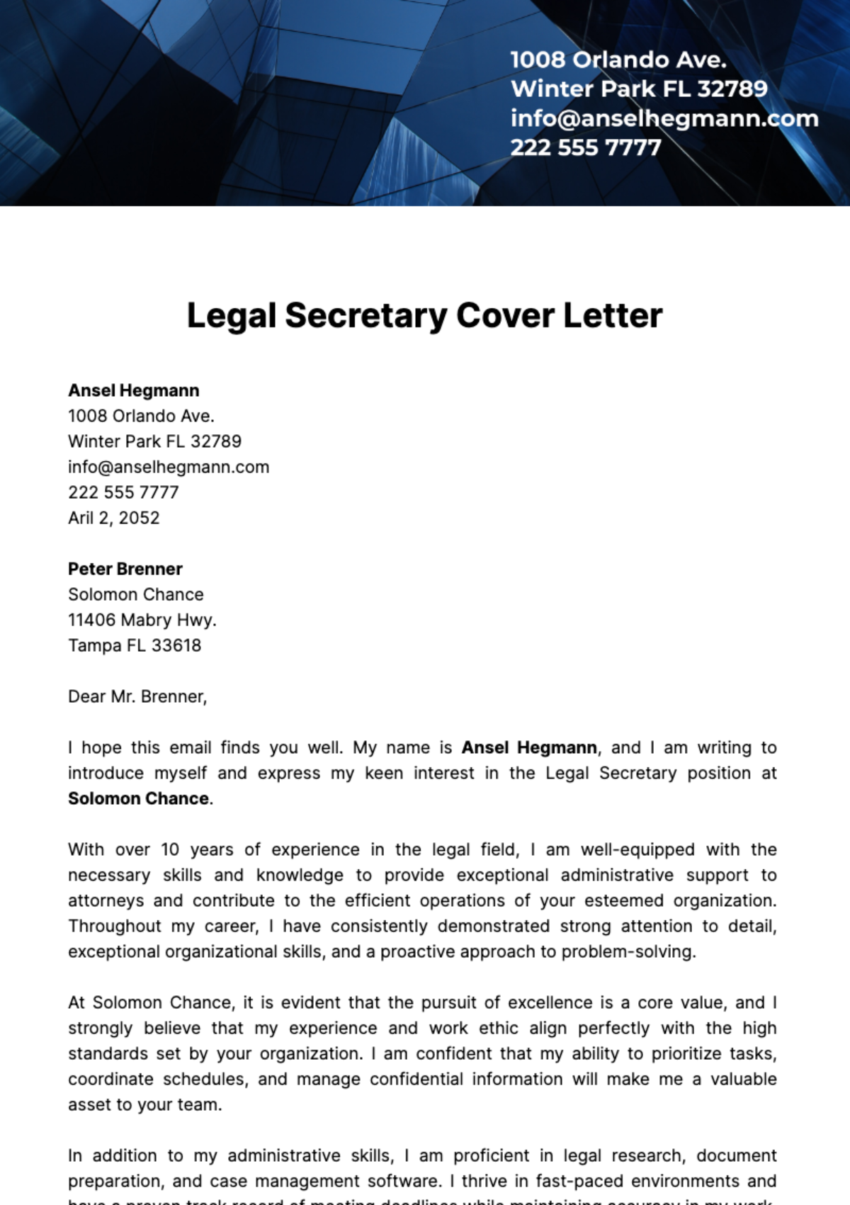 Free Legal Secretary Cover Letter  Template
