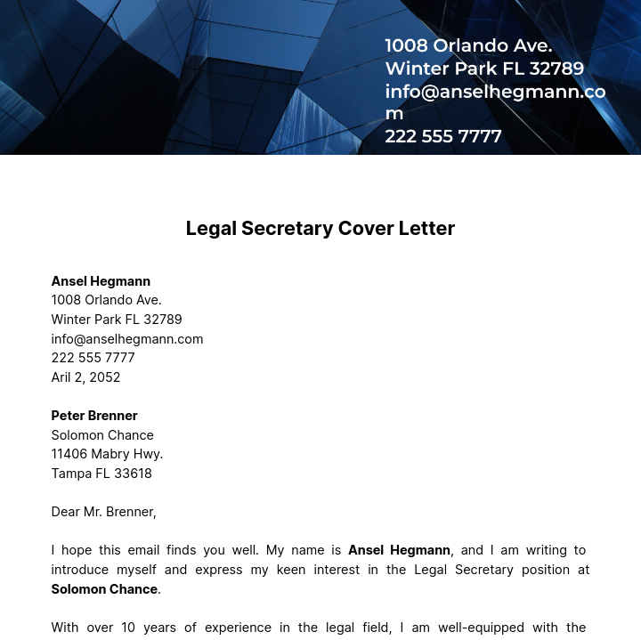 Legal Secretary Cover Letter  Template