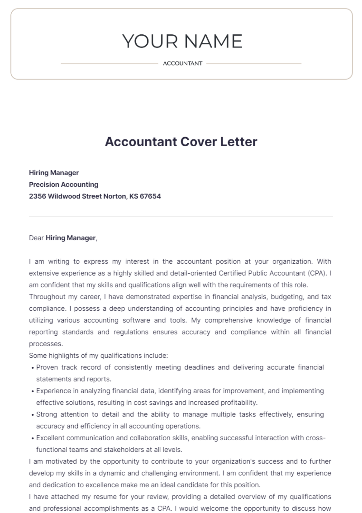 Accountant Cover Letter - Edit Online & Download