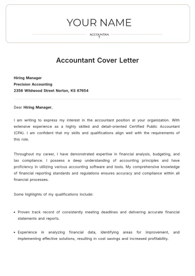 Free Accountant Cover Letter to Edit Online