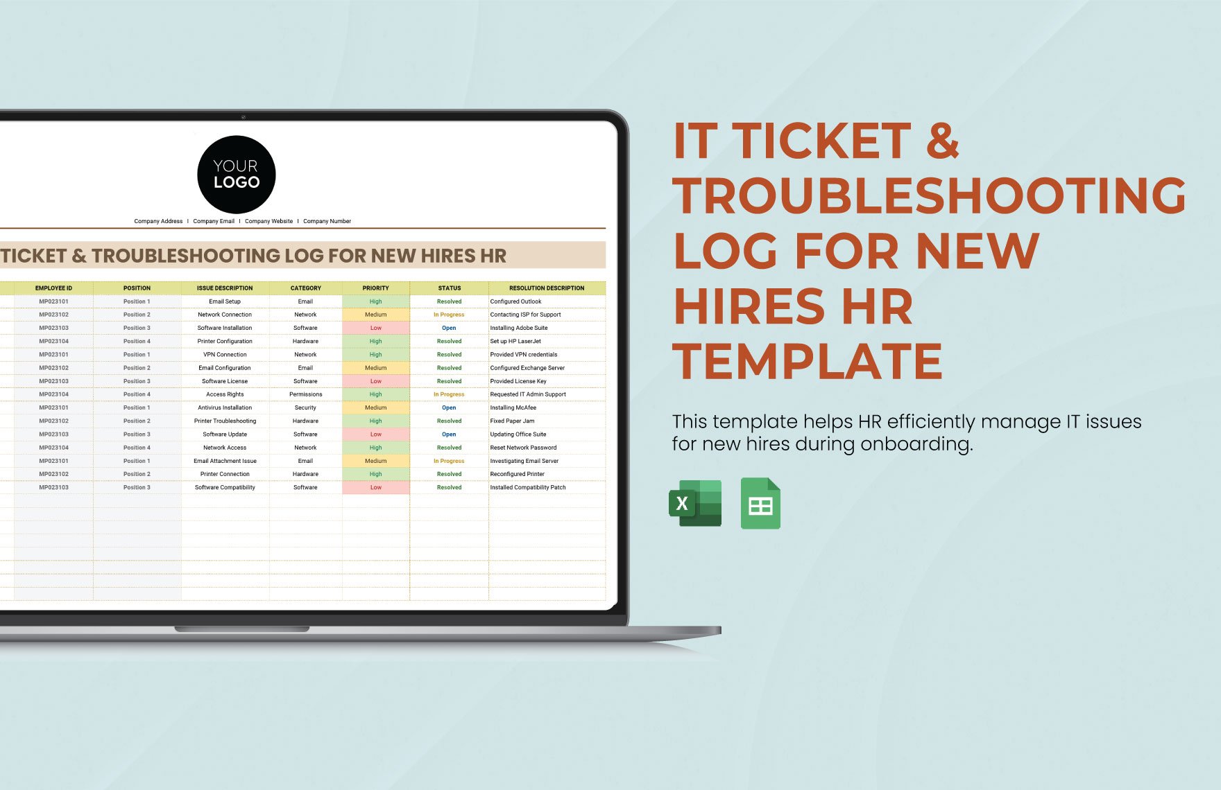 IT Ticket & Troubleshooting Log for New Hires HR Template in Excel, Google Sheets