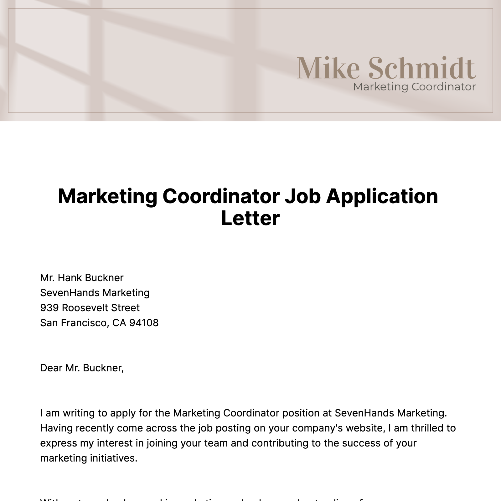 Marketing Coordinator Job Application Letter Template