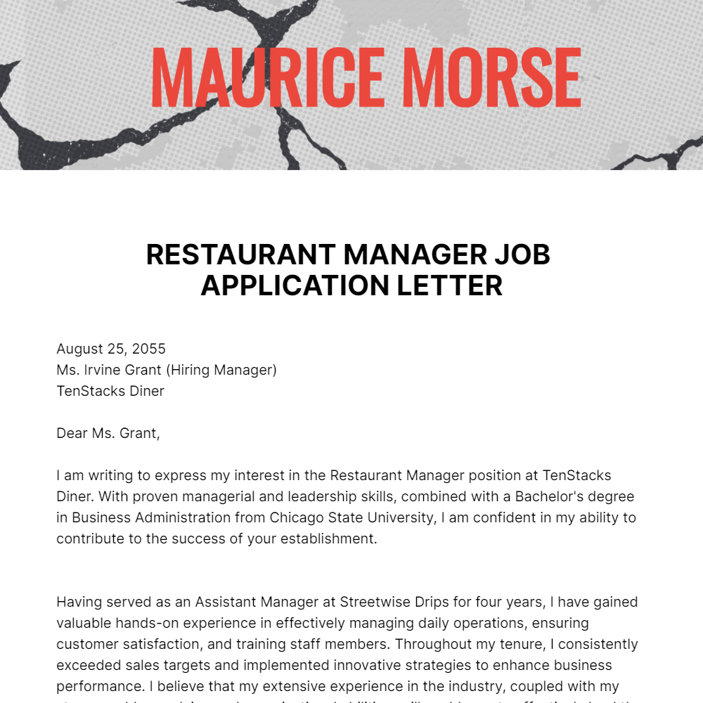 Restaurant Manager Job Application Letter  Template