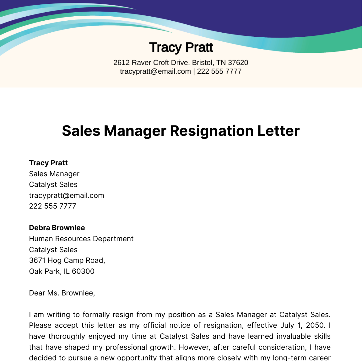 Free Sales Manager Resignation Letter  Template