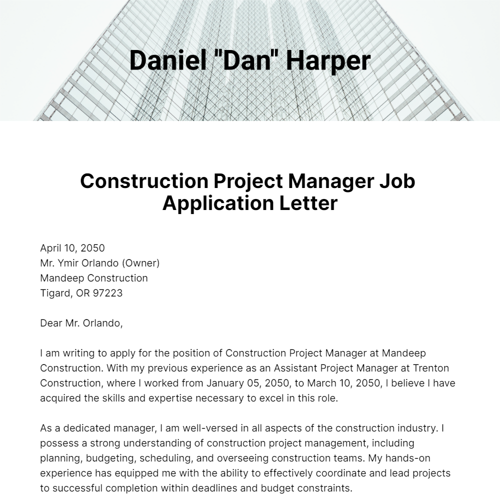 Construction Project Manager Job Application Letter Template