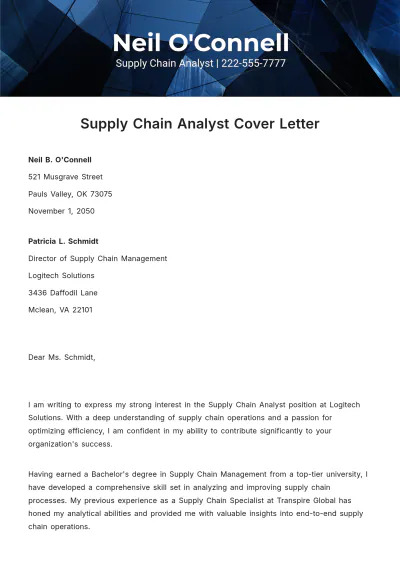 Free Supply Chain Analyst Cover Letter  Template to Edit Online