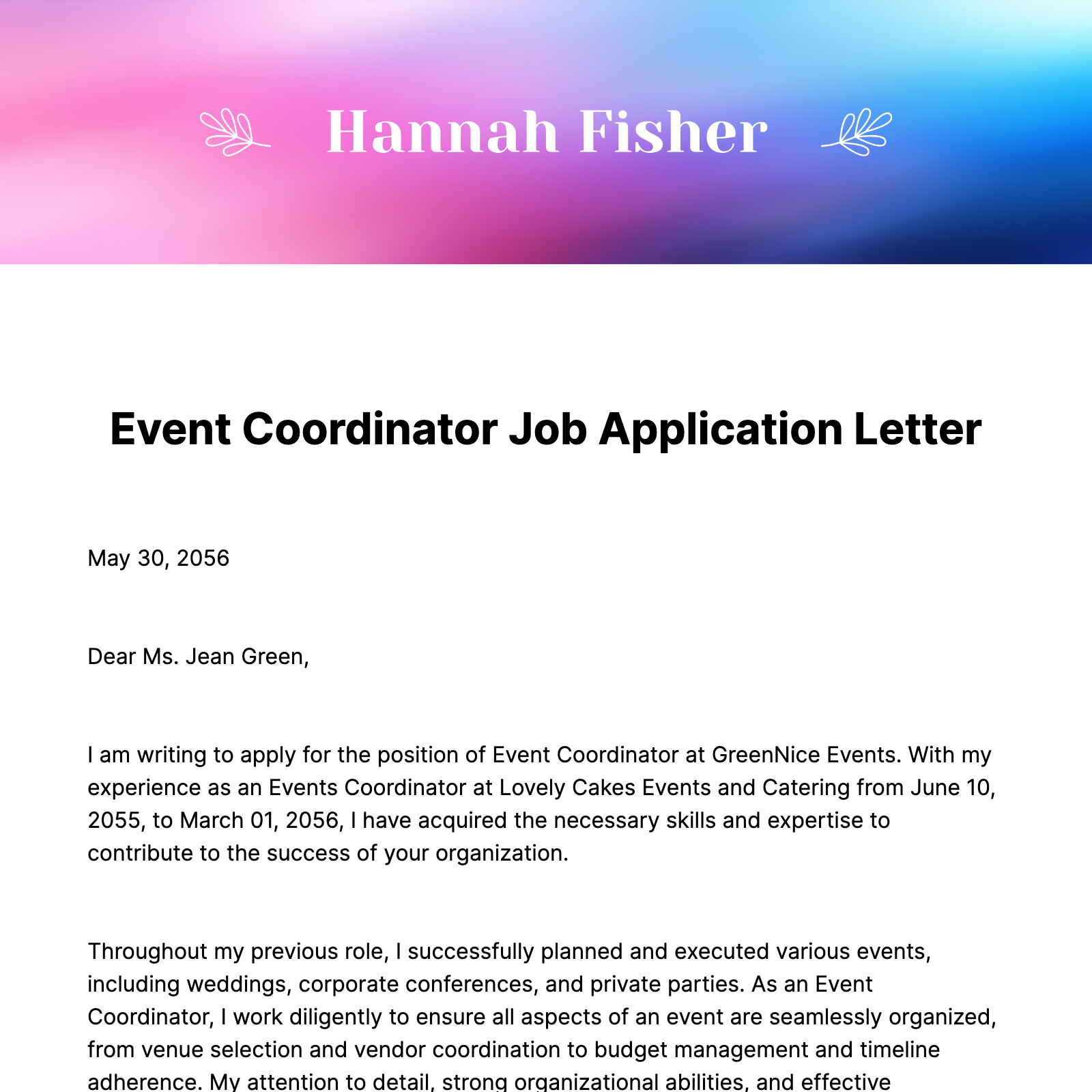 Event Coordinator Job Application Letter  Template