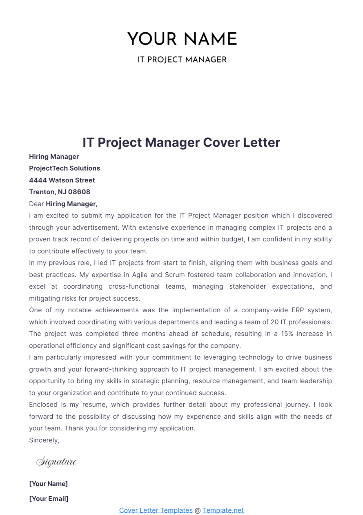 IT Project Manager Cover Letter  Template - Edit Online & Download