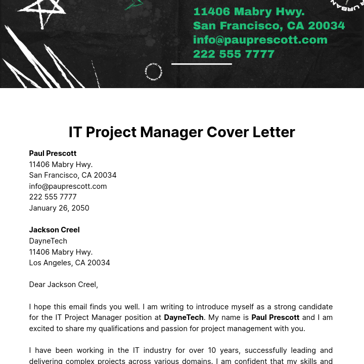 IT Project Manager Cover Letter  Template
