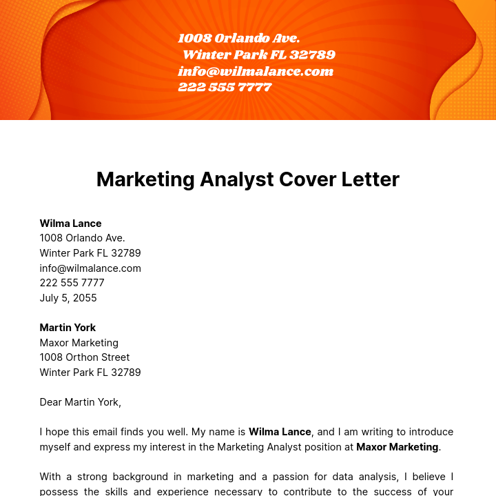 Free Marketing Analyst Cover Letter  Template