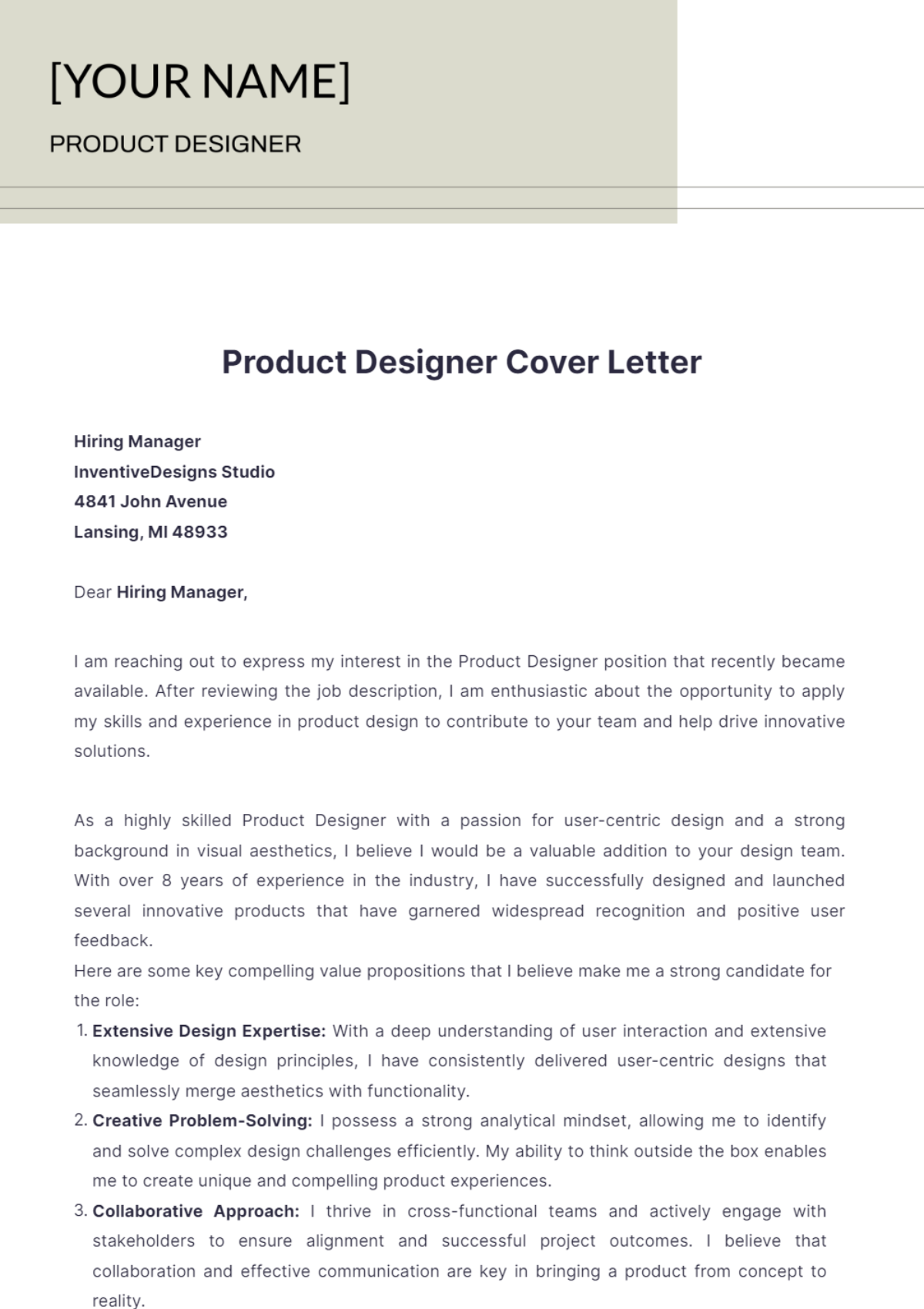 Product Designer Cover Letter  Template - Edit Online & Download