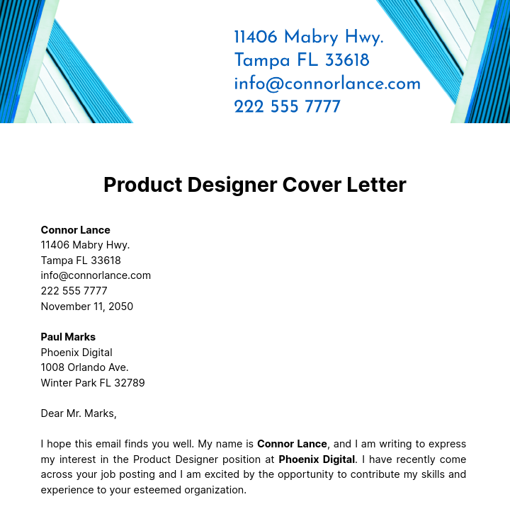 Product Designer Cover Letter  Template
