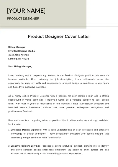Free Product Designer Cover Letter  Template to Edit Online