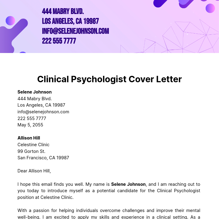 Free Clinical Psychologist Cover Letter  Template