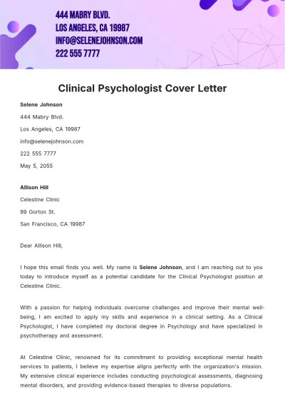 Free Clinical Psychologist Cover Letter  Template to Edit Online