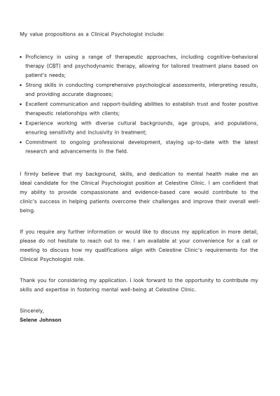 Free Clinical Psychologist Cover Letter  Template to Edit Online