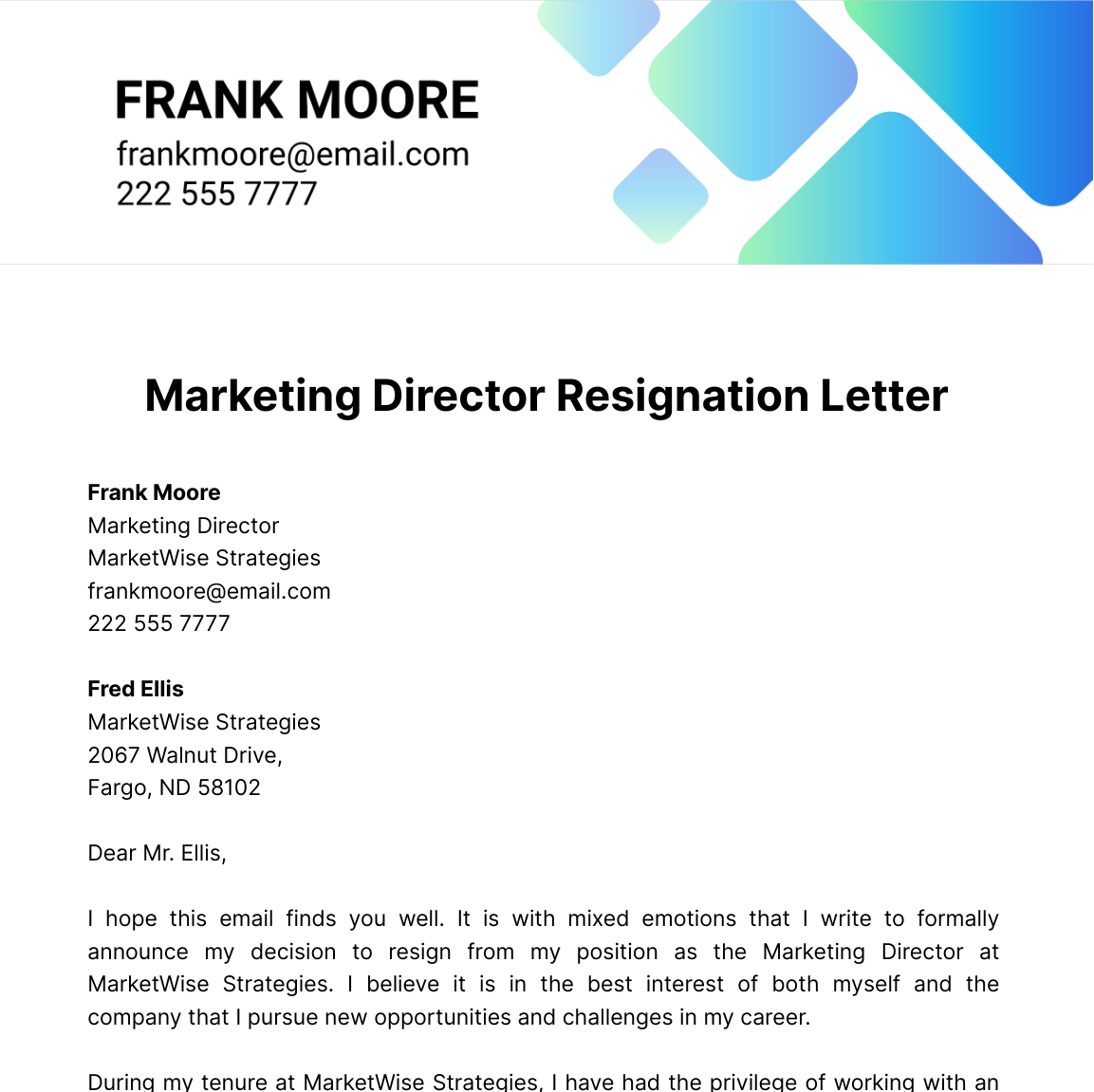Free Marketing Director Resignation Letter  Template