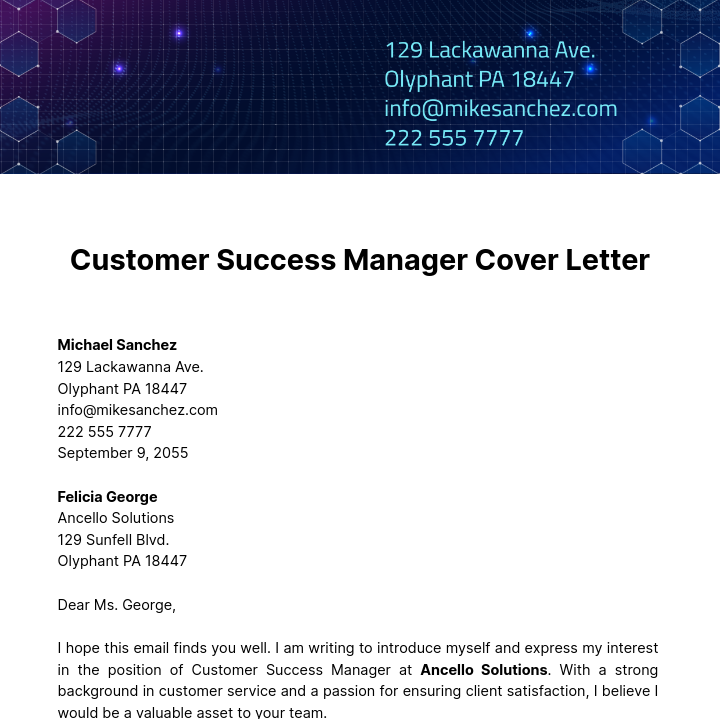 Customer Success Manager Cover Letter  Template