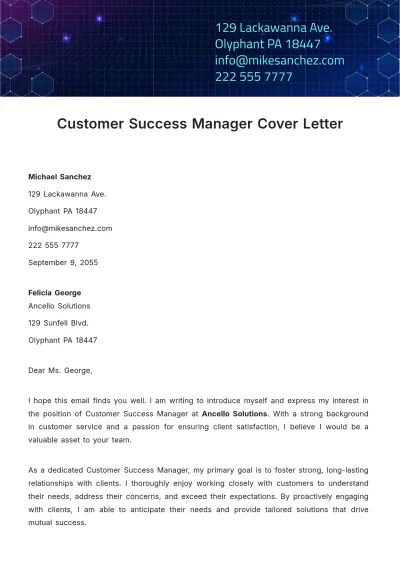 Free Customer Success Manager Cover Letter  Template to Edit Online