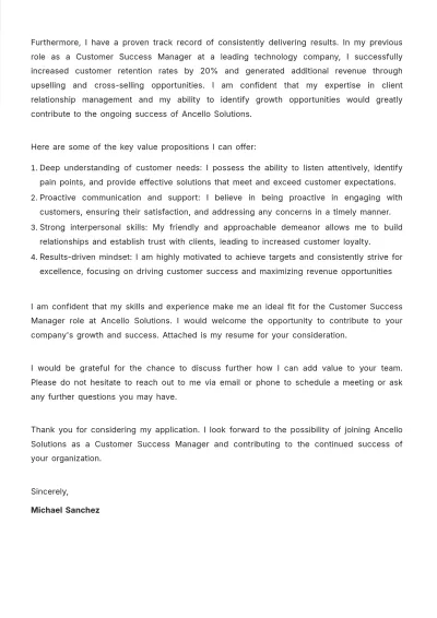 Free Customer Success Manager Cover Letter  Template to Edit Online