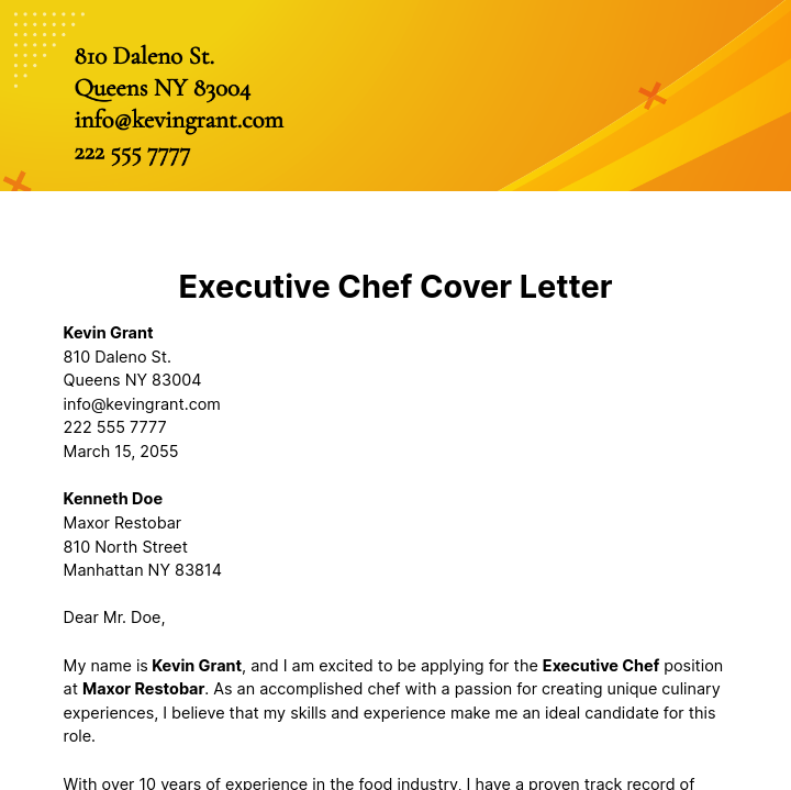 Free Executive Chef Cover Letter  Template