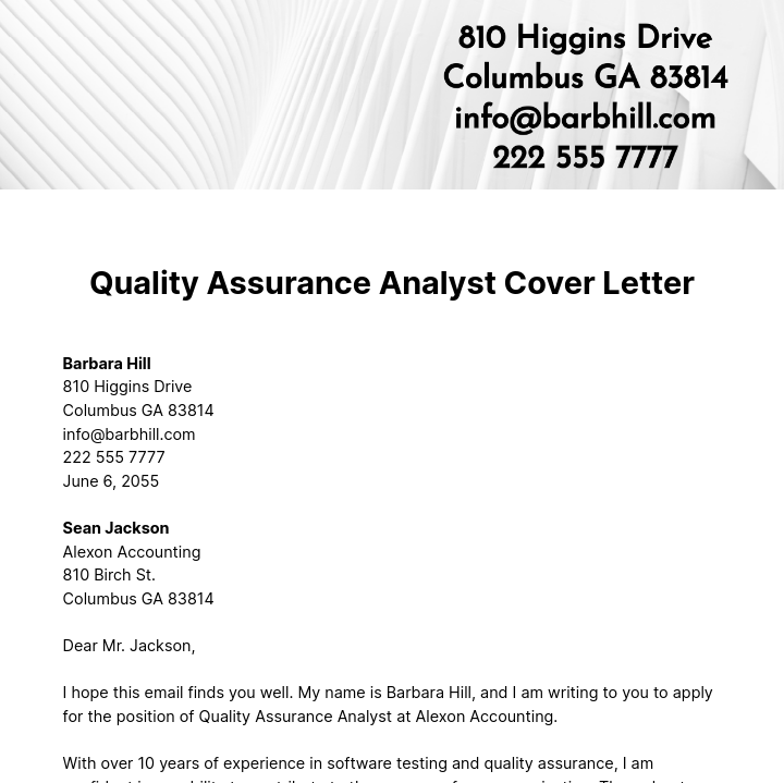 Quality Assurance Analyst Cover Letter  Template