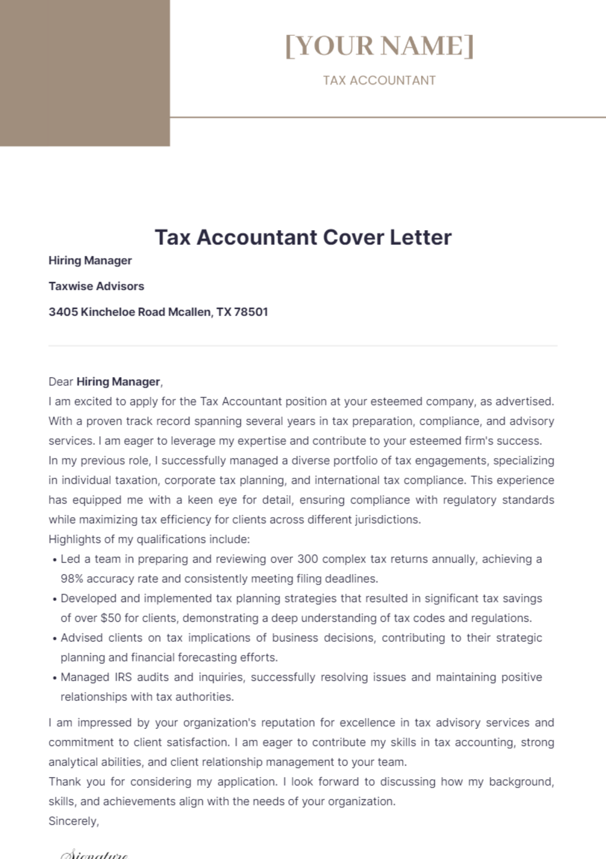 Tax Accountant Cover Letter