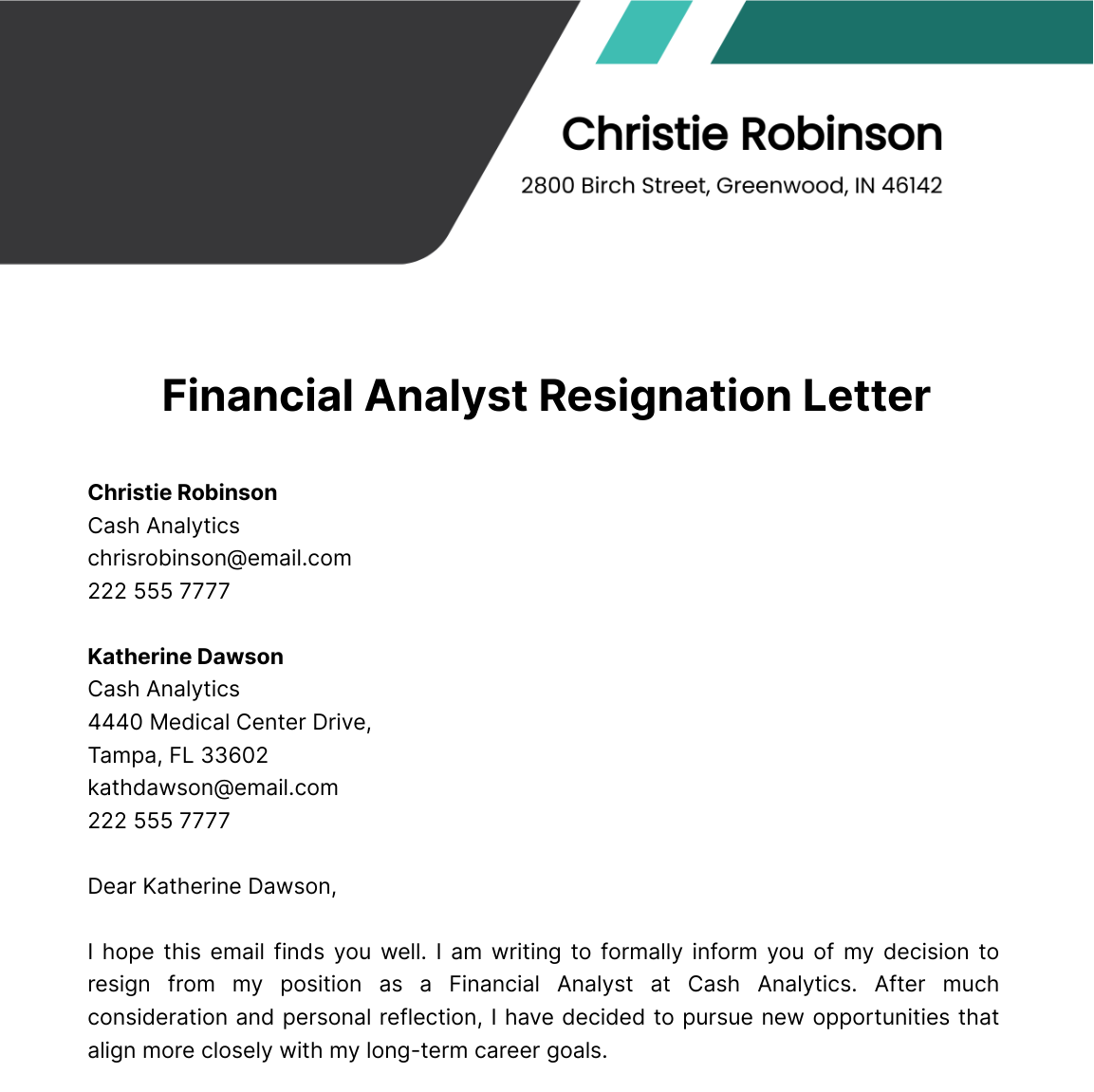 Financial Analyst Resignation Letter  Template