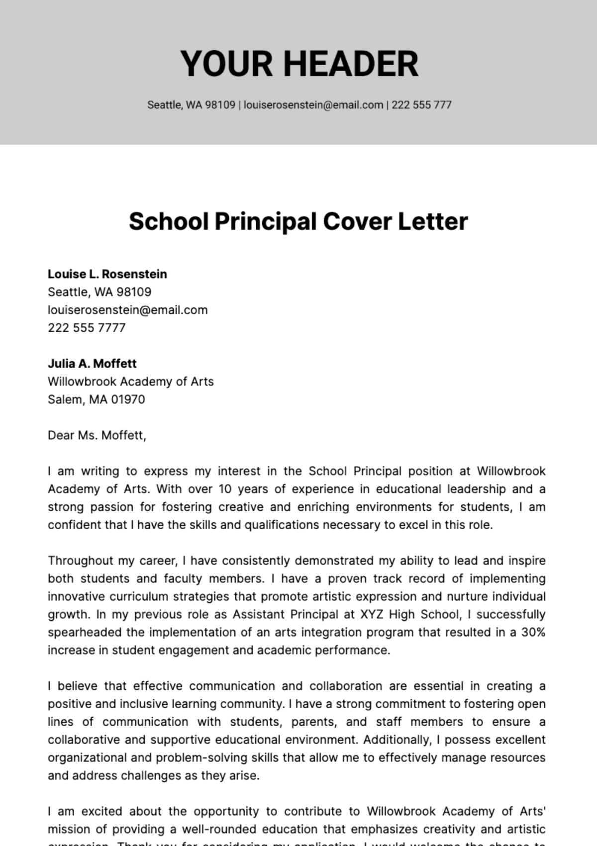 Free School Principal Cover Letter  Template