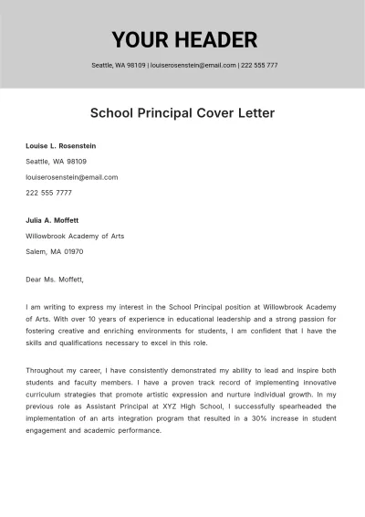Free School Principal Cover Letter  Template to Edit Online