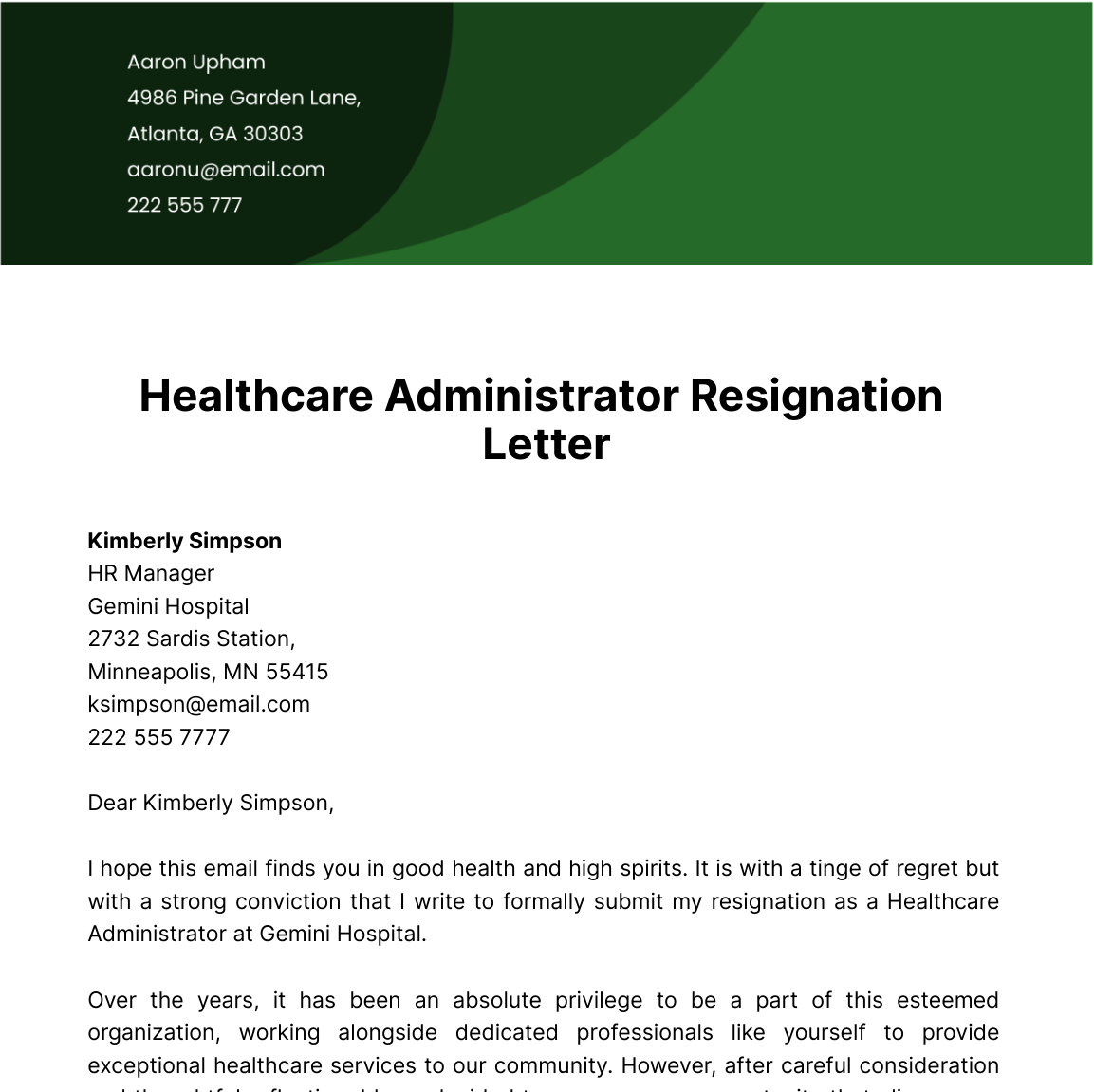 Healthcare Administrator Resignation Letter  Template