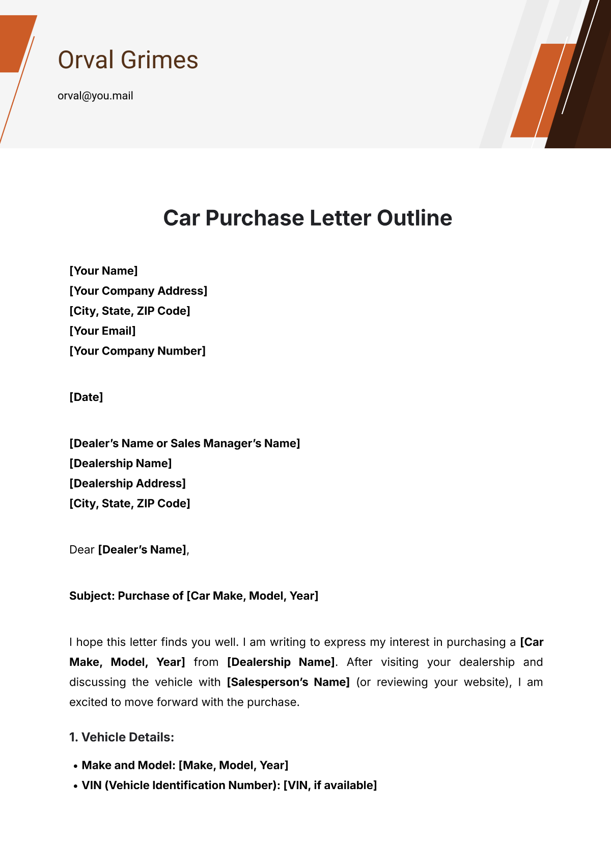 Car Purchase Letter Outline Template - Edit Online & Download